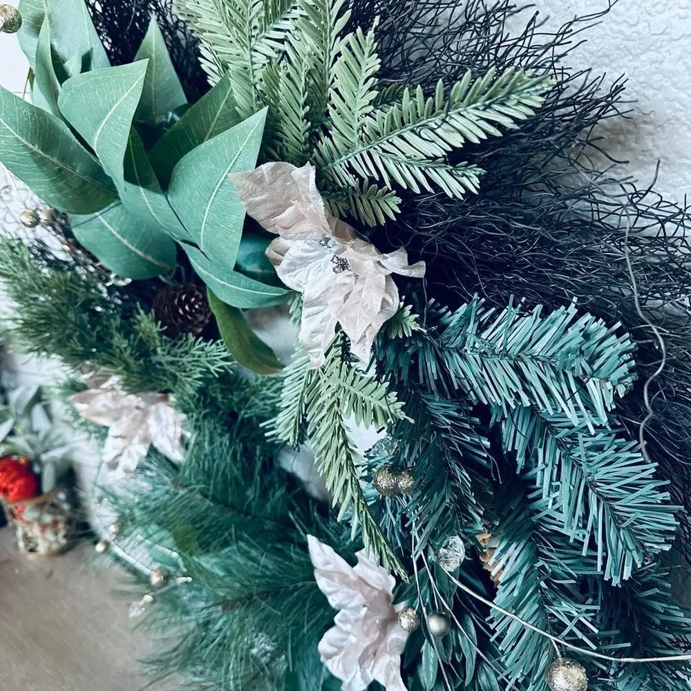 Christmas Greenery Champagne Poinsettia Beaded Berry Stems Holiday Wreath